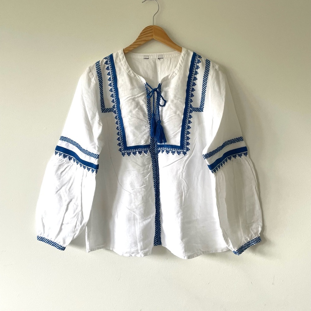 White and Blue Embroidered Blouse
